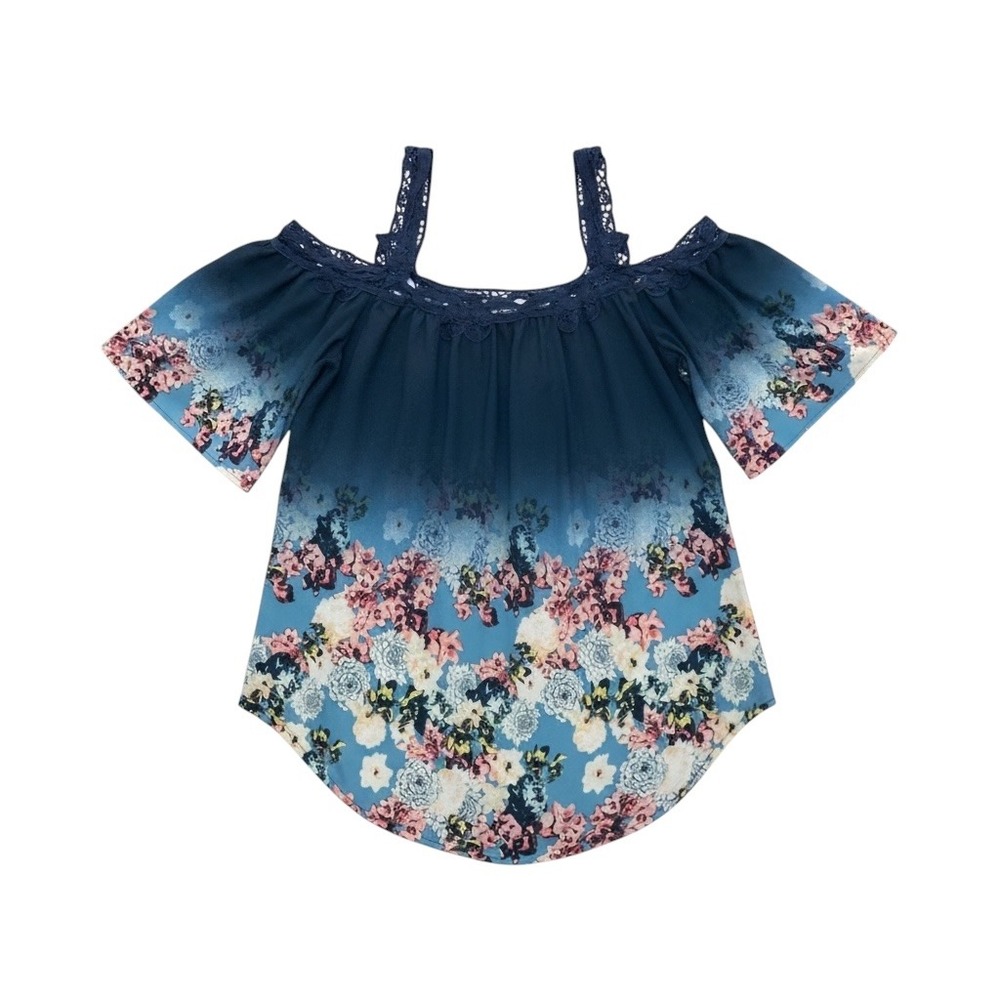 Coco + Jaimeson Blue Ombre Floral Cold Shoulder Crochet Lace Blouse Small